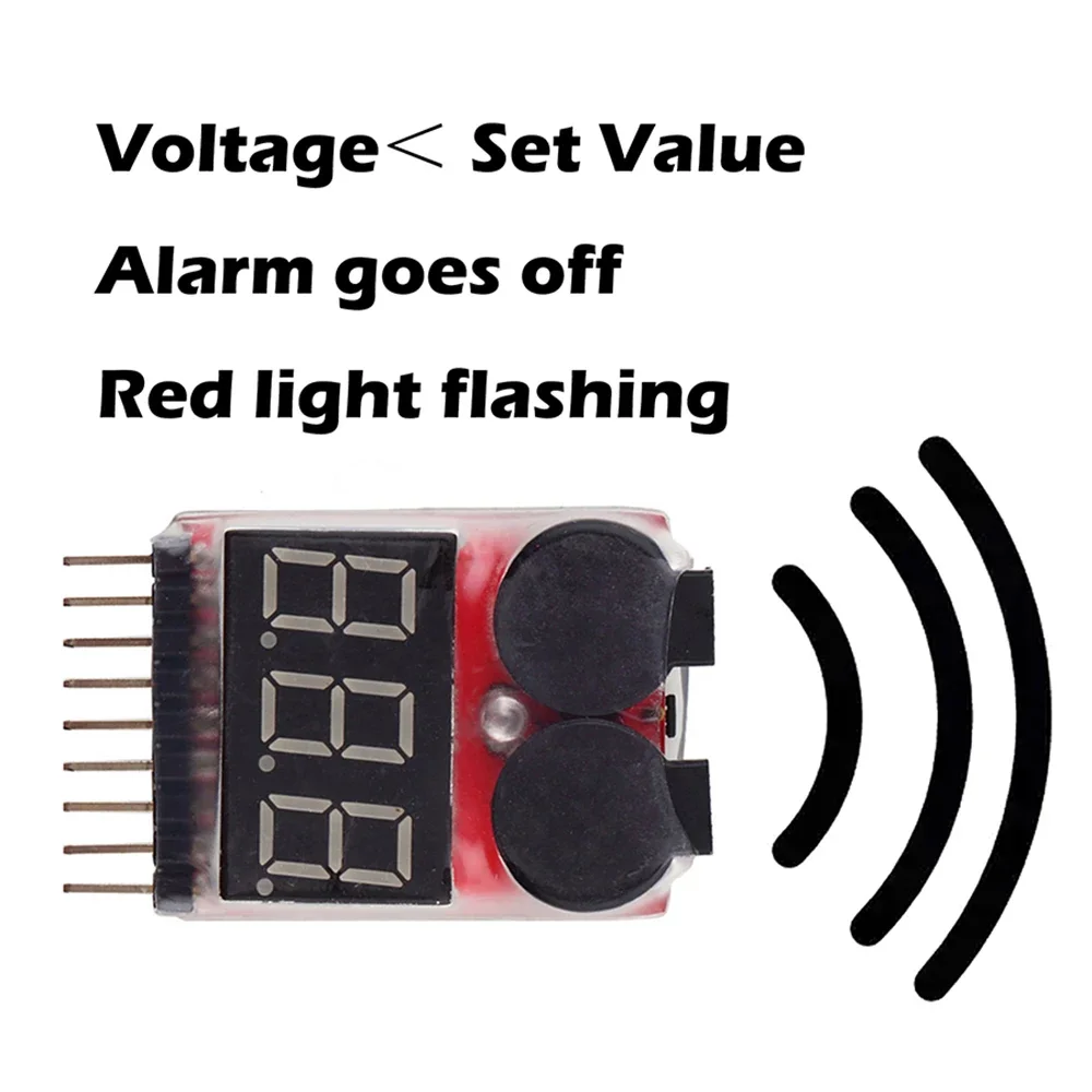 1-8S Battery Voltage Tester and Alarm Dual Function for Lipo Li-ion Fe Batteries in RC Toys Drones Vehicles LED Digital Display