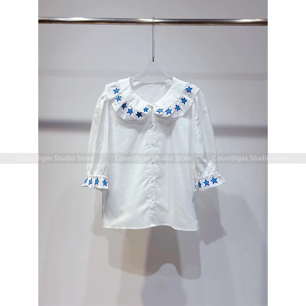 French style niche 2024 early autumn girl style linen lace collar embroidered short-sleeved sweet shirt