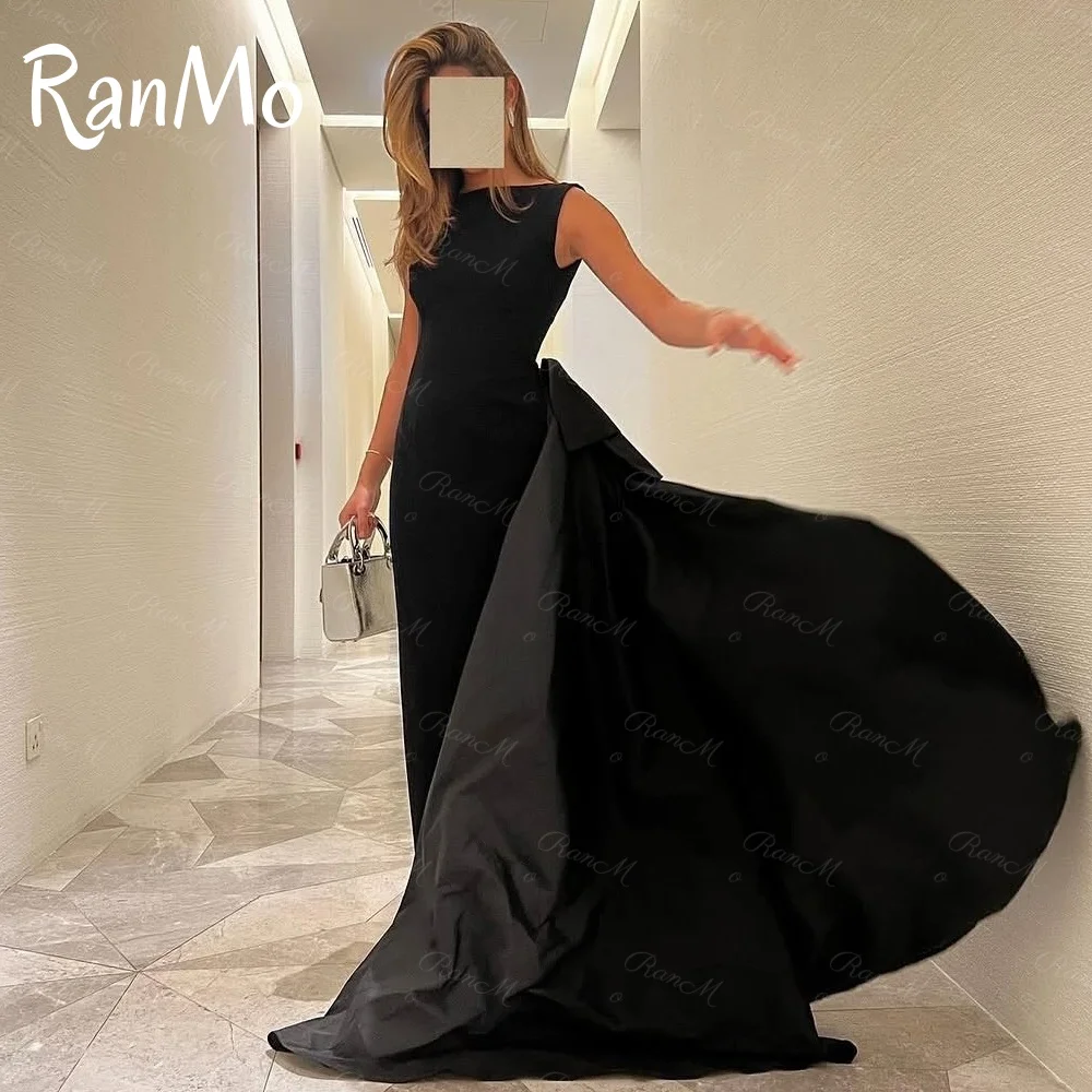 

Ranmo Elegant Black Backless Bow Prom Dress A Line Long Train Dubai Evening Night Party Dresses Vestidos Prom Gowns Customized