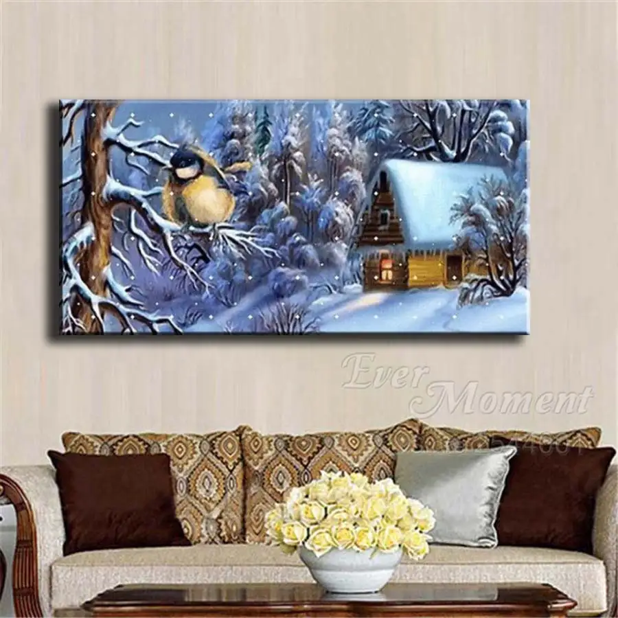 Ever Moment Diamond Painting Snow Bird House Trees Hobby 5D DIY Handmade Diamond Embroidery Full Square Drill Rhinestone ASF1928