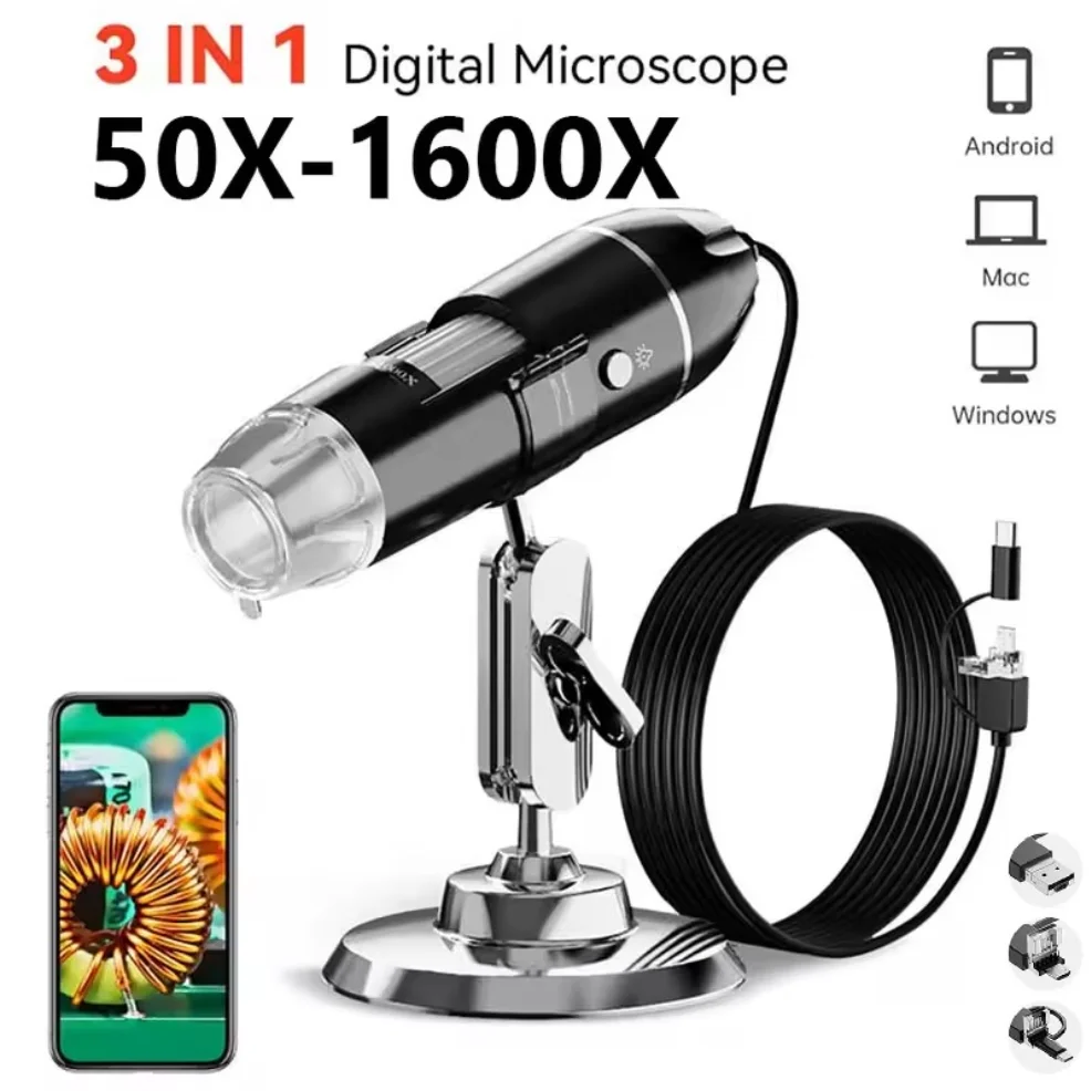 

USB-микроскоп 1600X 1080P HD для пайки с 8 светодиодами, совместимый с Android, Mac, Windows (X4)