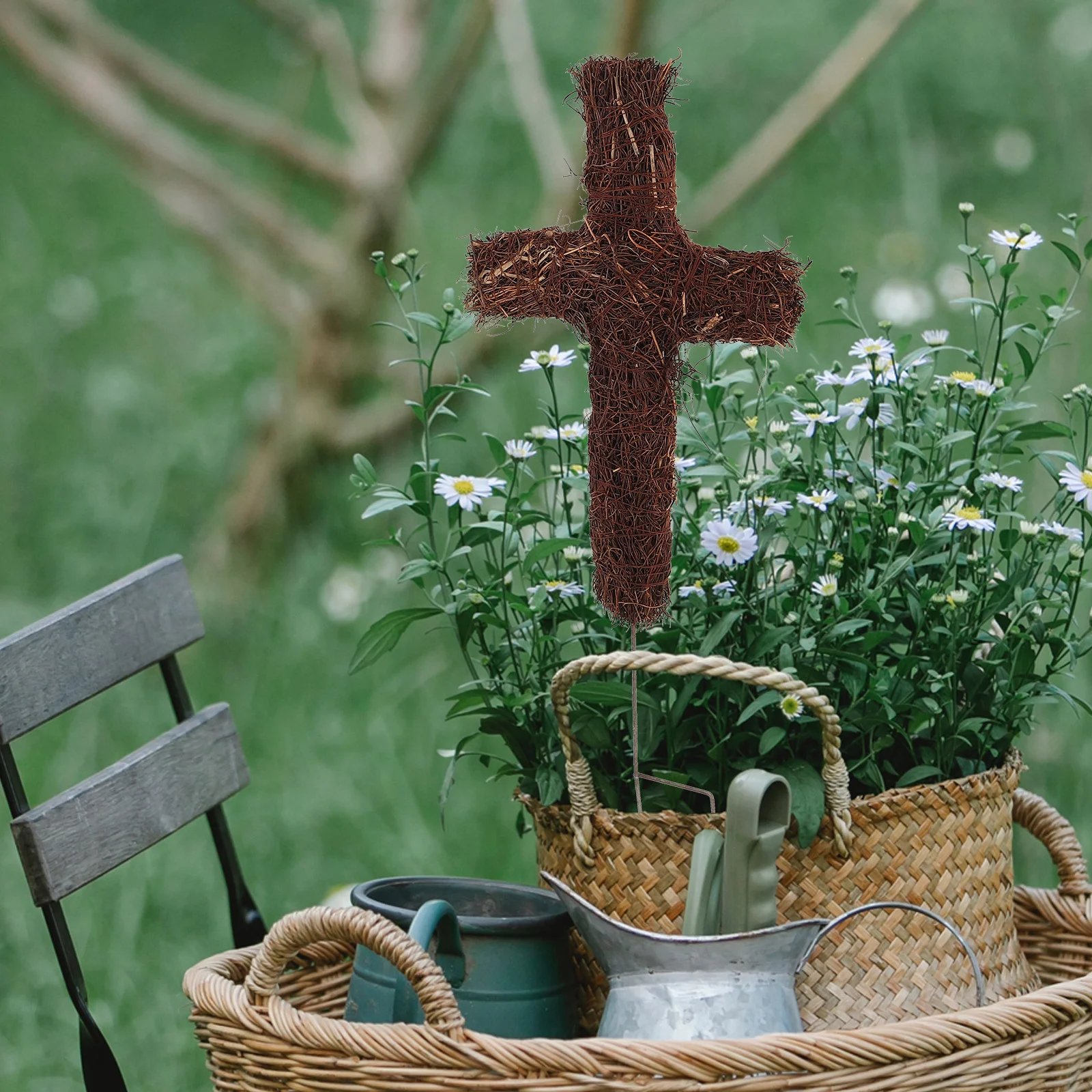 

Grapevine Cross Wreath Stake: Unfinished Rattan Cross Wreath for DIY Christmas Decorations Patio Yard - Memorial Crucifix Marker