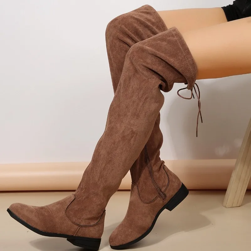 Women Over The Knee Boots New Autumn Side Zipper Round Toe Low Heels Single Boots Fashion Flock Lace-up Women's Shoes Size 36-43