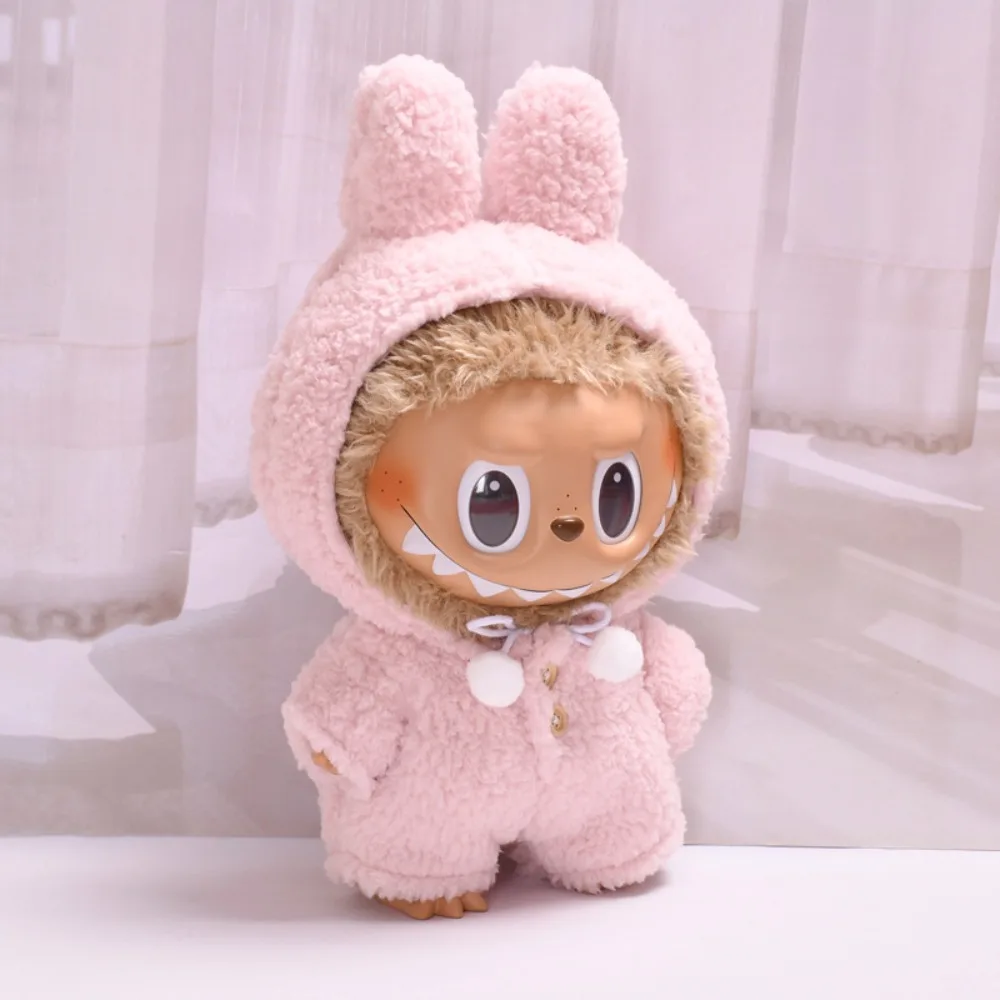 Vêtements pour poupée Labubu de 38 cm, combinaison à capuche rose et moelleuse à oreilles de lapin, accessoires pour poupées, jeu de rôle, jeu de maison, cadeau, jouets