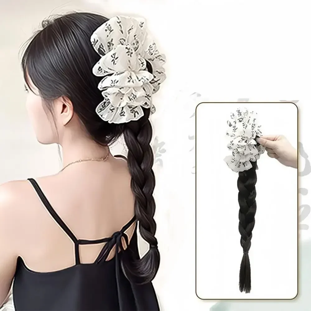 Wig sintetis gaya Cina, klip Grip Wig ekor kuda simulasi Natural kepang ekstensi rambut 40cm