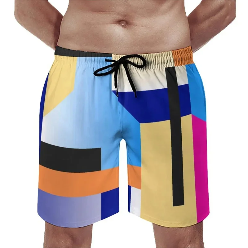 3D Printed Geometric Splicing Short Pants For Men Artistic Colorful Pattern Beach Shorts Summer Harajuku Street Surf Swim Trunks