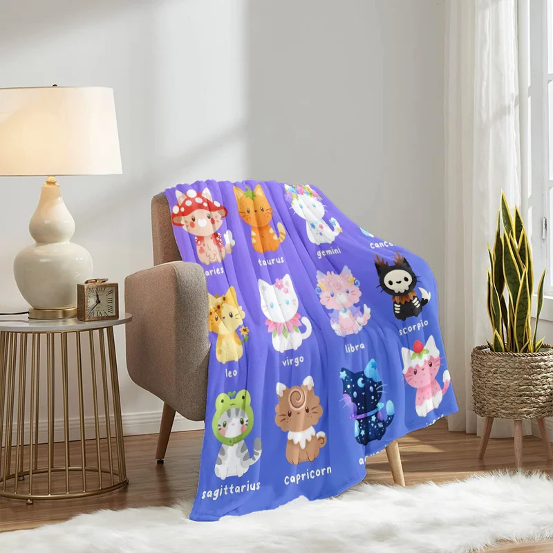 12 Constellation Cartoon Cat Flannel Blanket, Lovely Zodiac Kitten Pattern Lightweight Throw Blanket for Bed Couch Home Use