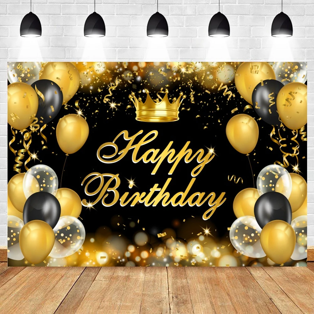 Adult Happy Birthday Backdrop Glitter Gold Black Balloons Flowers Baby Birthday Party Decor Photography Background Photo Studio