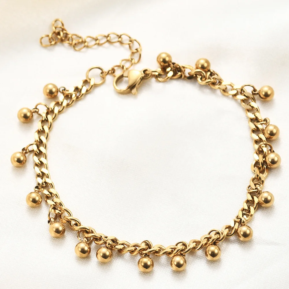 Zierliches, vergoldetes Edelstahlarmband mit Kugelanhänger, verstellbares minimalistisches Kettenarmband für Damen, tägliches Tragen, Geschenk.