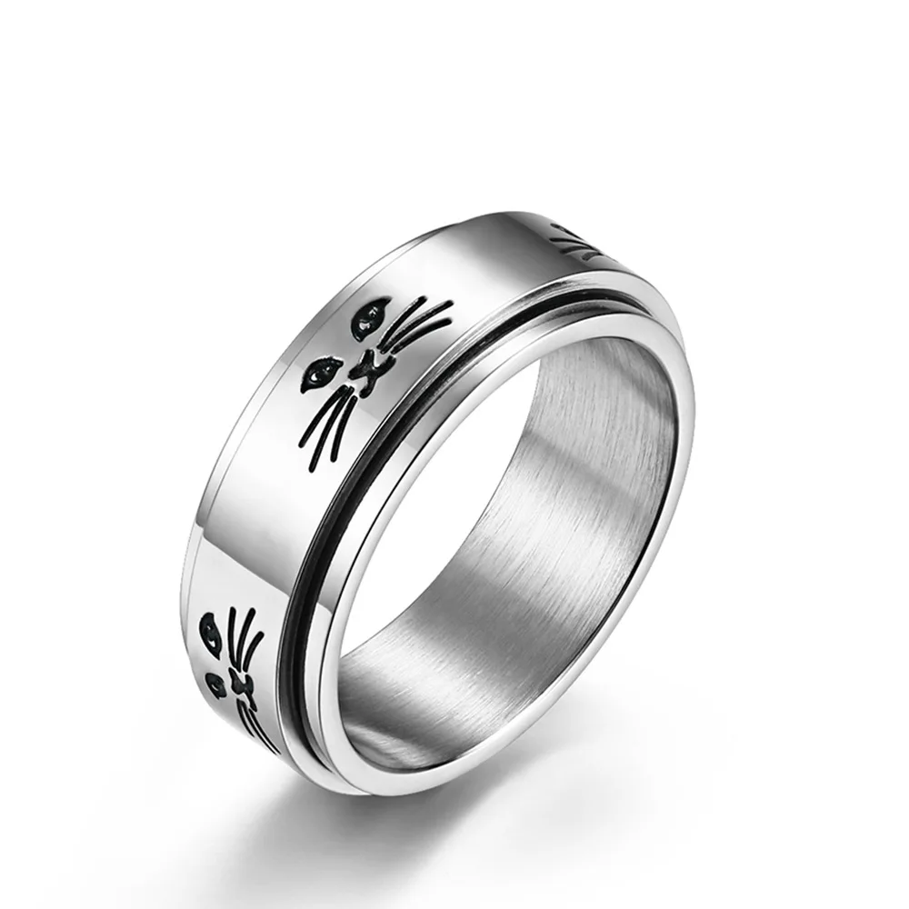 Hollow out cat Animal Stainless Steel Anti Stress Ring For Girl Anxiety Relief Spinning Knuckle Ring Fidget Metal Spinner Anillo
