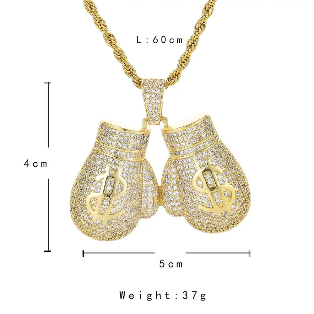 Hip Hop Micro Paved AAA+ Cubic Zirconia Iced Out Bling Dollar Sign Boxing gloves Pendants Necklace for Men Rapper Jewelry