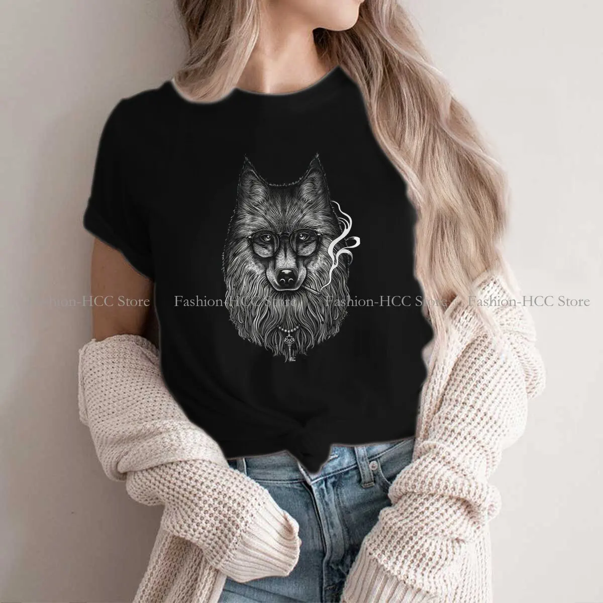 Dark Smoking O Neck TShirt Wild  Wolf Original Polyester T Shirt Woman's Tops New Design