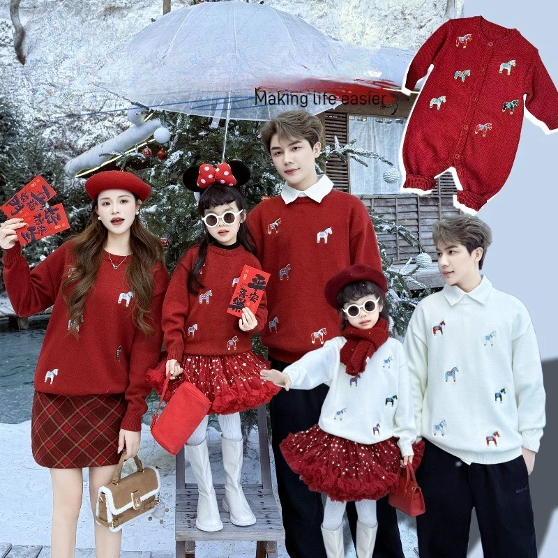 Cute Chinese New Year Gift Family Matching Horse Red White Sweater Festive Party Outfit for Parents Kids Warm Thick Knitwear