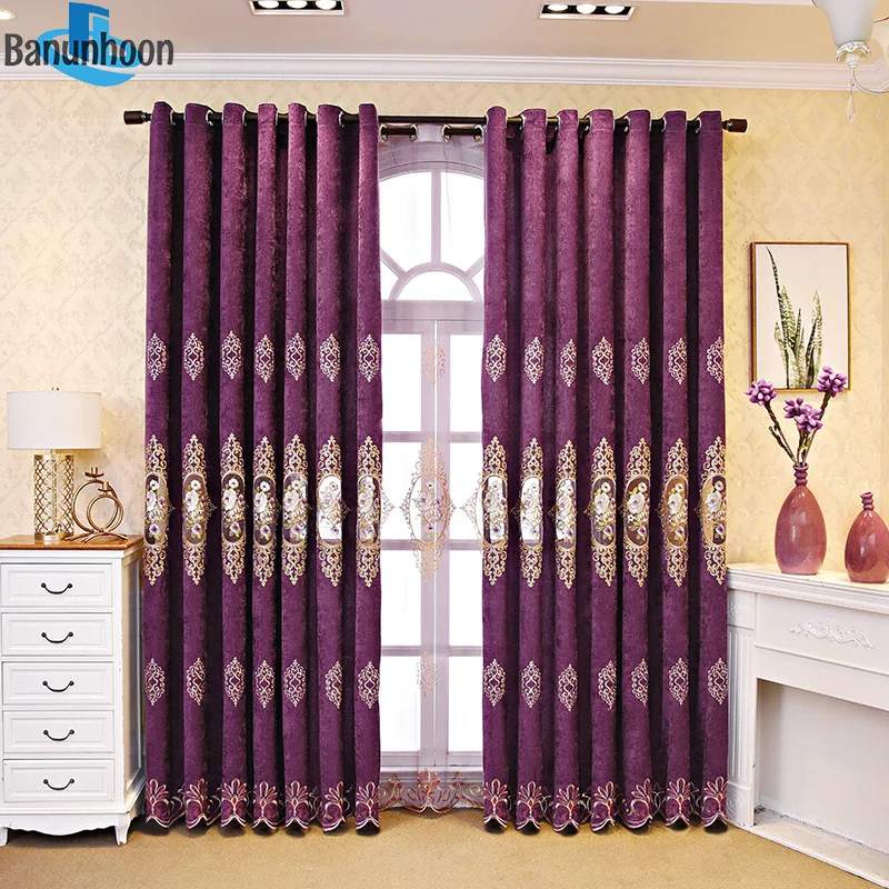 Luxury European Curtains for Living Room Velvet Curtain Hollow Embroidered Chenille Blackout Blue Brown Purple Window Cortinas