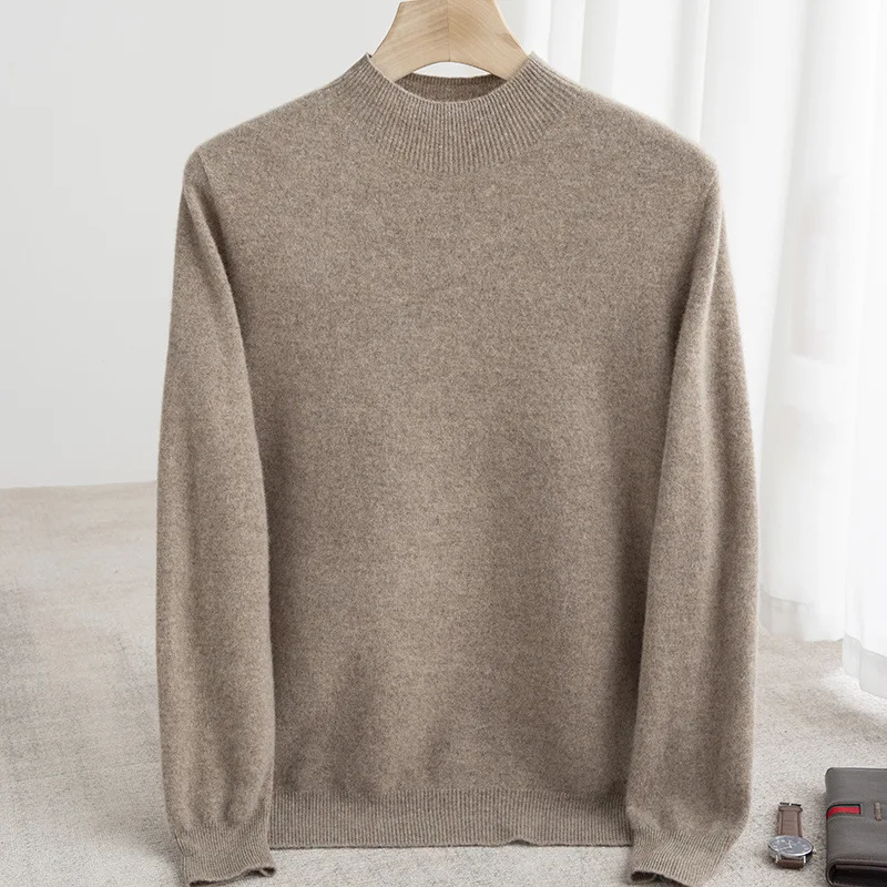 Men's Half High Collar Knitted Sweater Business Classics Loose Casual Warm 100% Wool Sweater Solid Simple Stretch Pullover Male