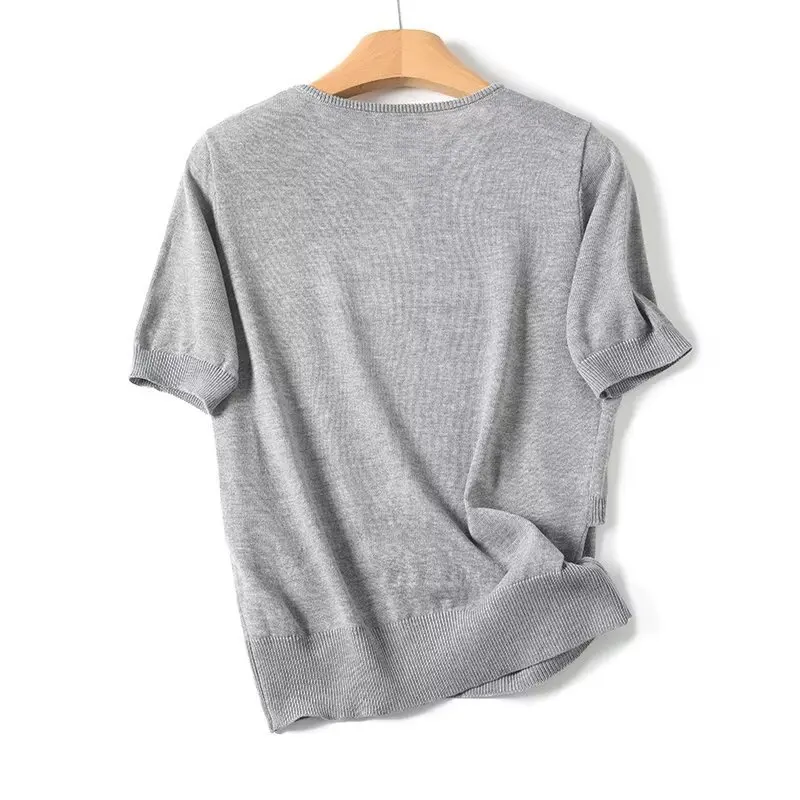 Dave&Di Vintage Women's Clothes Minimalist Academic Style Gray Fake Two-piece Knitted T-shirt Sweater Women Pullover Top