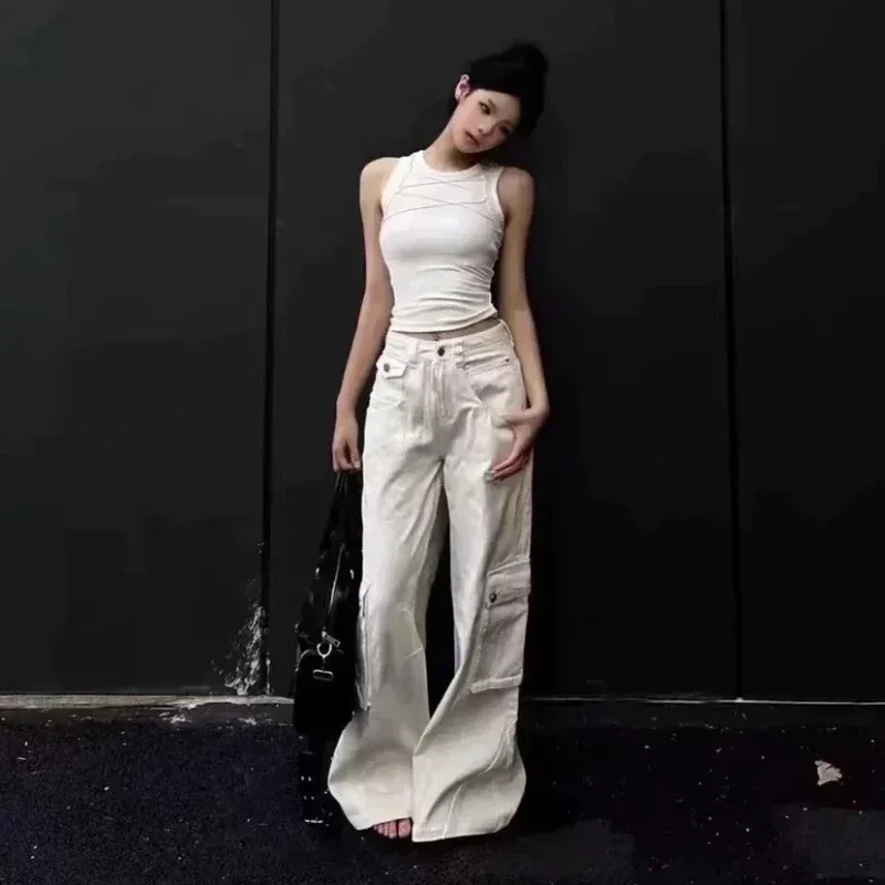 

White Cargo Pants High Waisted Jeans Women Vintage Straight Wide Legs Casual Elegant Oversized Fashion Trousers Lady Trouser