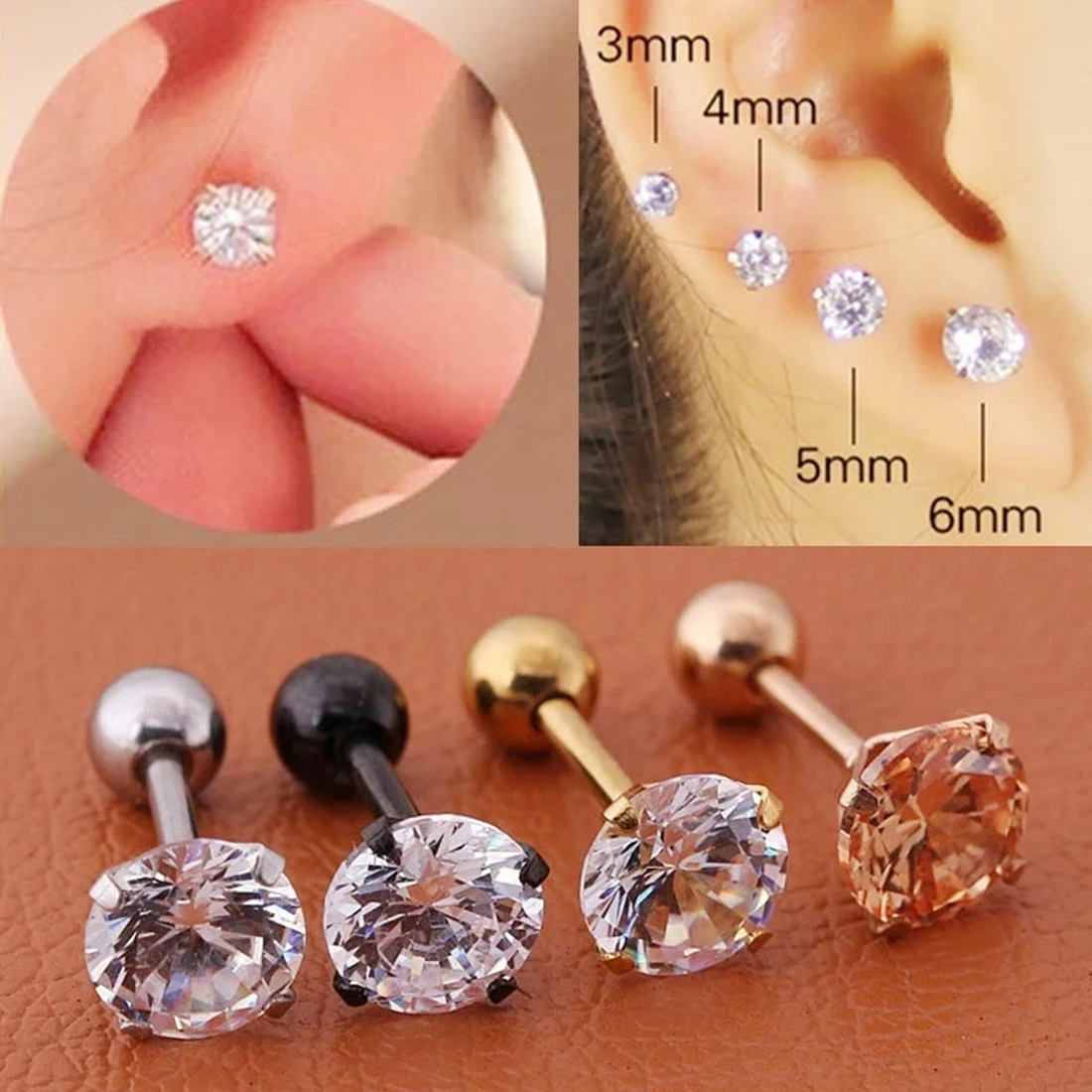 1PCS 3/4/5/6mm Round Forward Helix Cartilage Piercing Tragus Stud Conch Snug Ear Lobe Earrings Surgical Steel Piercing Jewelry