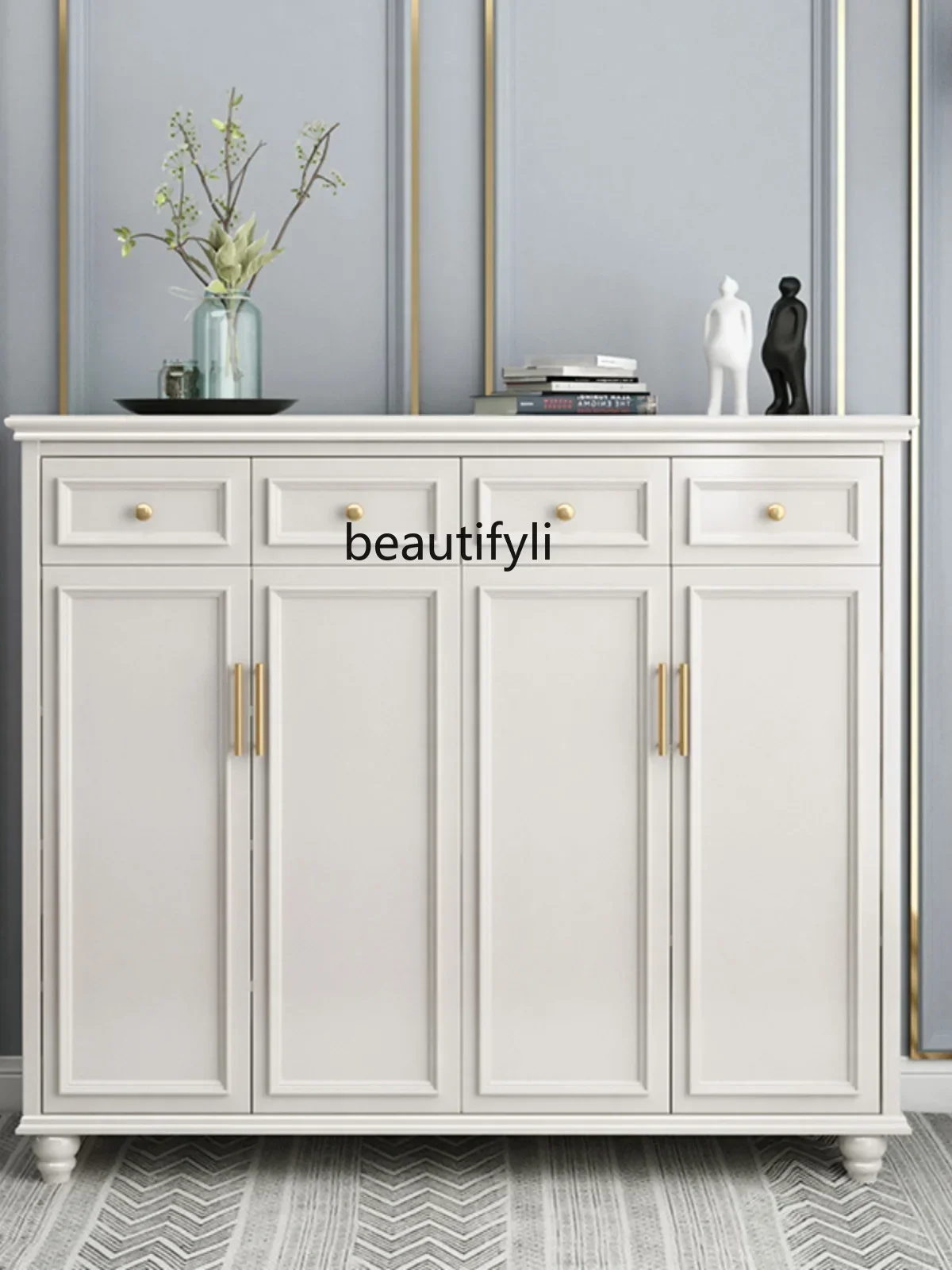 American-Style Solid Wood Shoe Cabinet White Lobby Living Room Storage with Drawer Locker