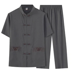 Cotton and Linen (top + Pants) Elderly Men Gold Silk Pan Buckle Pocket Embroidered Tang Dress Han Dress Lay Tai Chi Suit Set