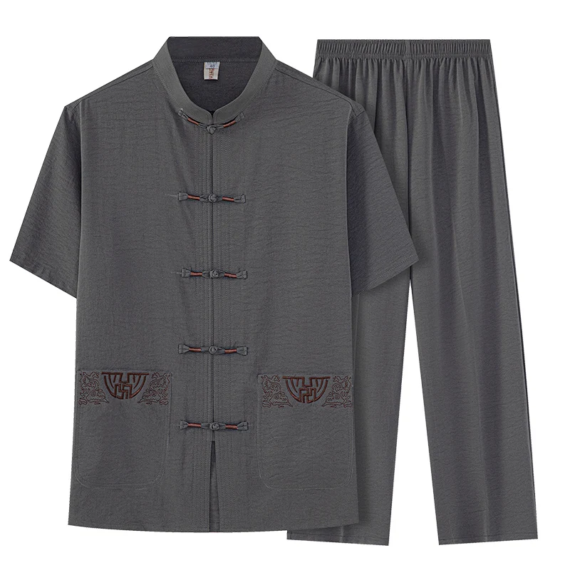 Cotton and Linen (Top + Pants) Elderly Men Gold Silk Pan Buckle Pocket Embroidered Tang Dress Han Dress Lay Tai Chi Suit Set