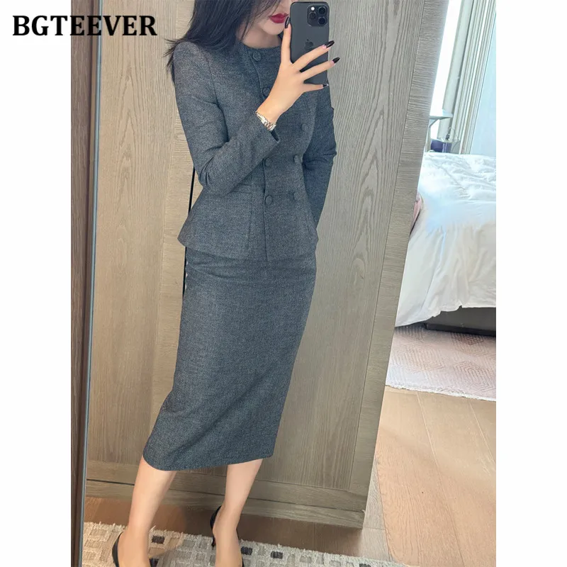 BGTEEVER elegante Vintage Otoño Invierno señoras falda trajes doble botonadura cintura delgada Blazer y paquete faldas a la cadera conjunto con americana para mujer