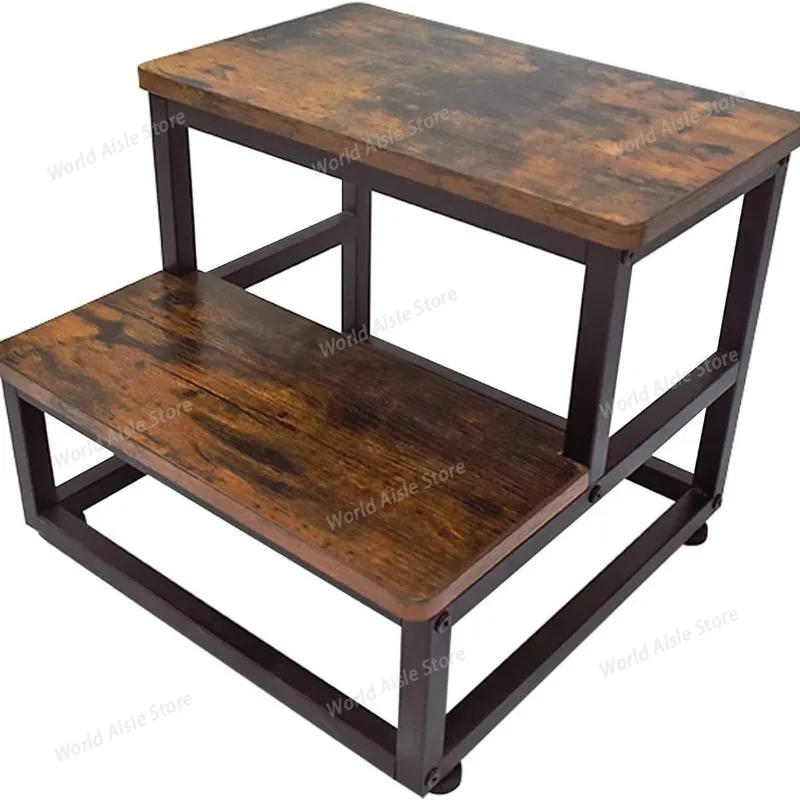 Folk Art Style 2-Step Folding Wooden Ladder Bench Seat Polished Kitchen Chair Climbing Stair Chair Wood Foot Step Stool