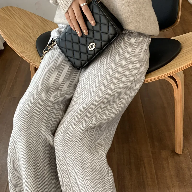 

Camere Knitted Wide Leg Pants Women's High Waist Drapey Wool Floor-Length Casual Loose Straight Leg Trousers Autumn Winter