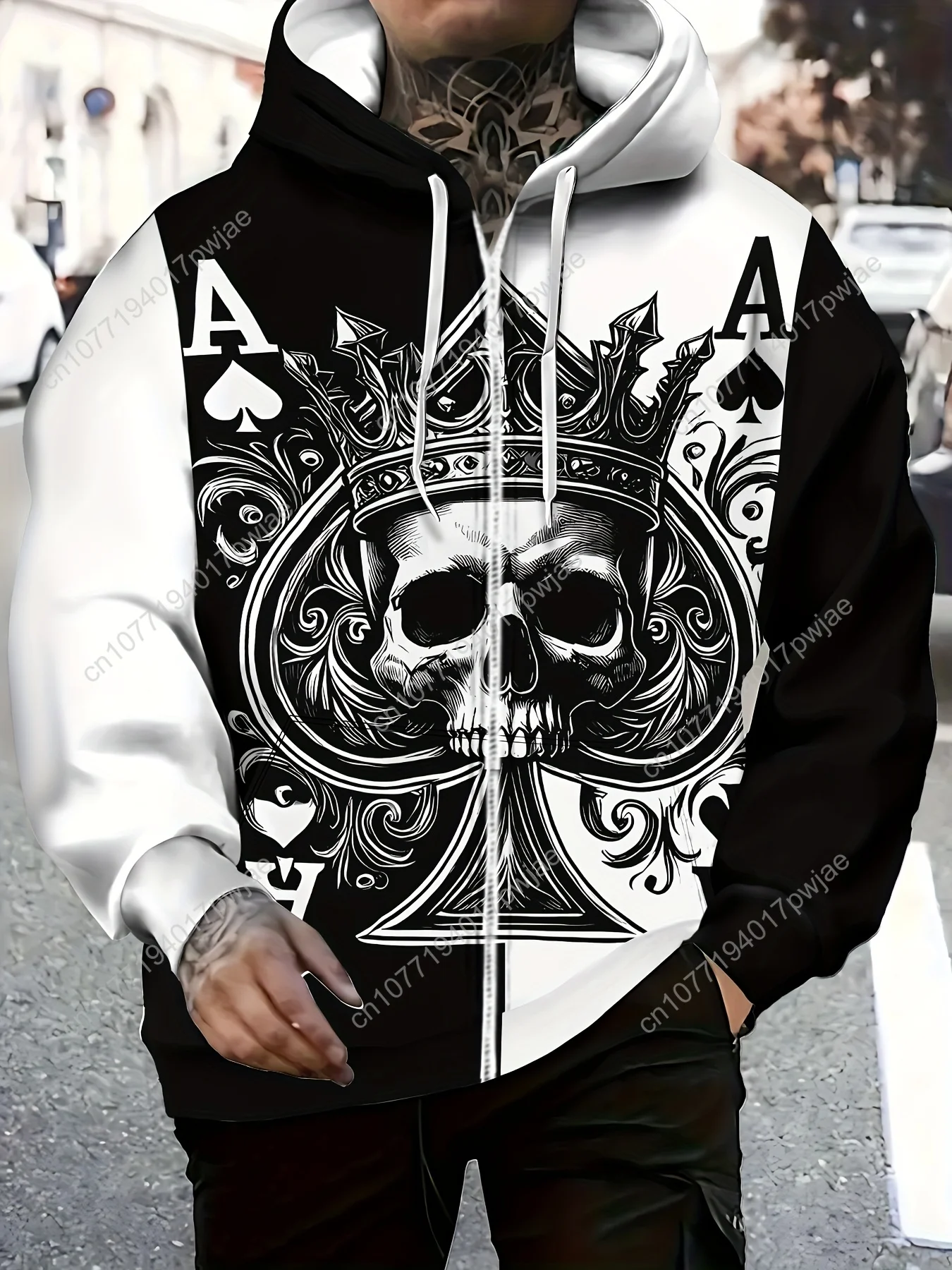 [Готическая толстовка] Высококачественная толстовка унисекс с готическим принтом черепа и пика |   Куртка на молнии с длинным рукавом и капюшоном на шнурке, F
