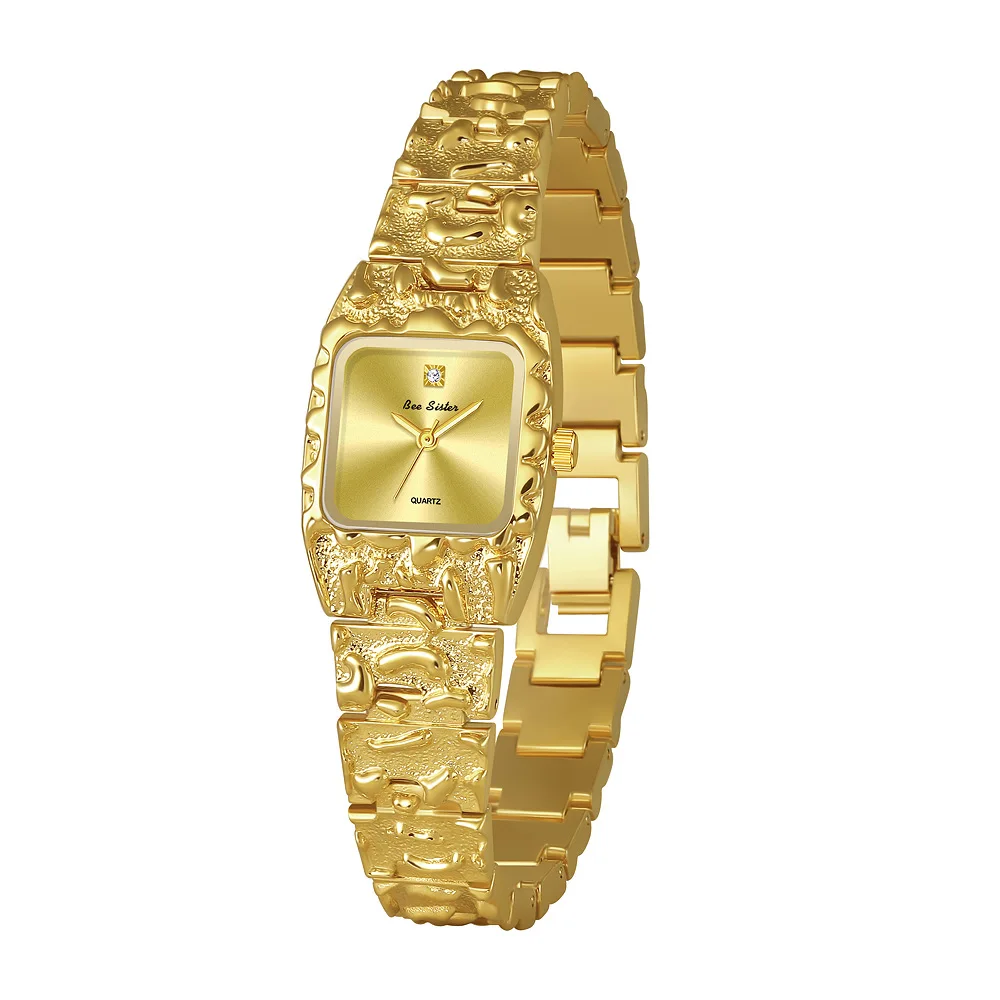 Retro Gold Lava Bracelet Watch with Square Rhinestone Pointer Quartz Watch for Women FA1907