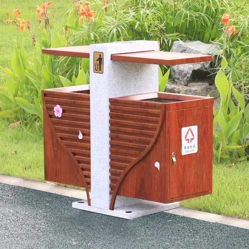 Dual Wood Grain Modern Garbage Bins Classified Galvanized Steel Dustbin Metal Garden Park Outdoor Trash Cans