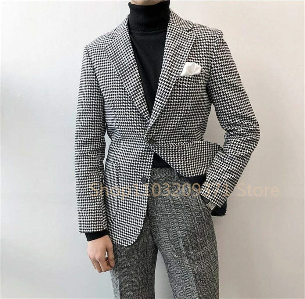 Men\'s Suit 2024 Jacket Herringbone Tweed Wool Jacket Winter Warm Short Jacket Retro Slim Fit Men Blazer Coat (Only Coat)