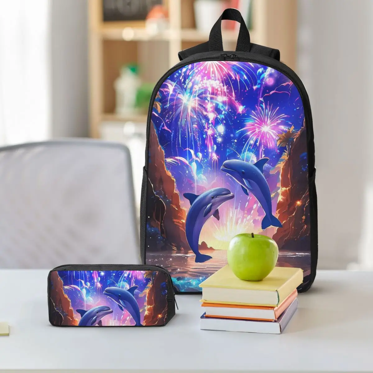 Two Charming Dolphin In Sea Backpack Boys Girls BookBag School Bag Shoulder Bags 3ps Insulated Lunch Bag Pencil Case