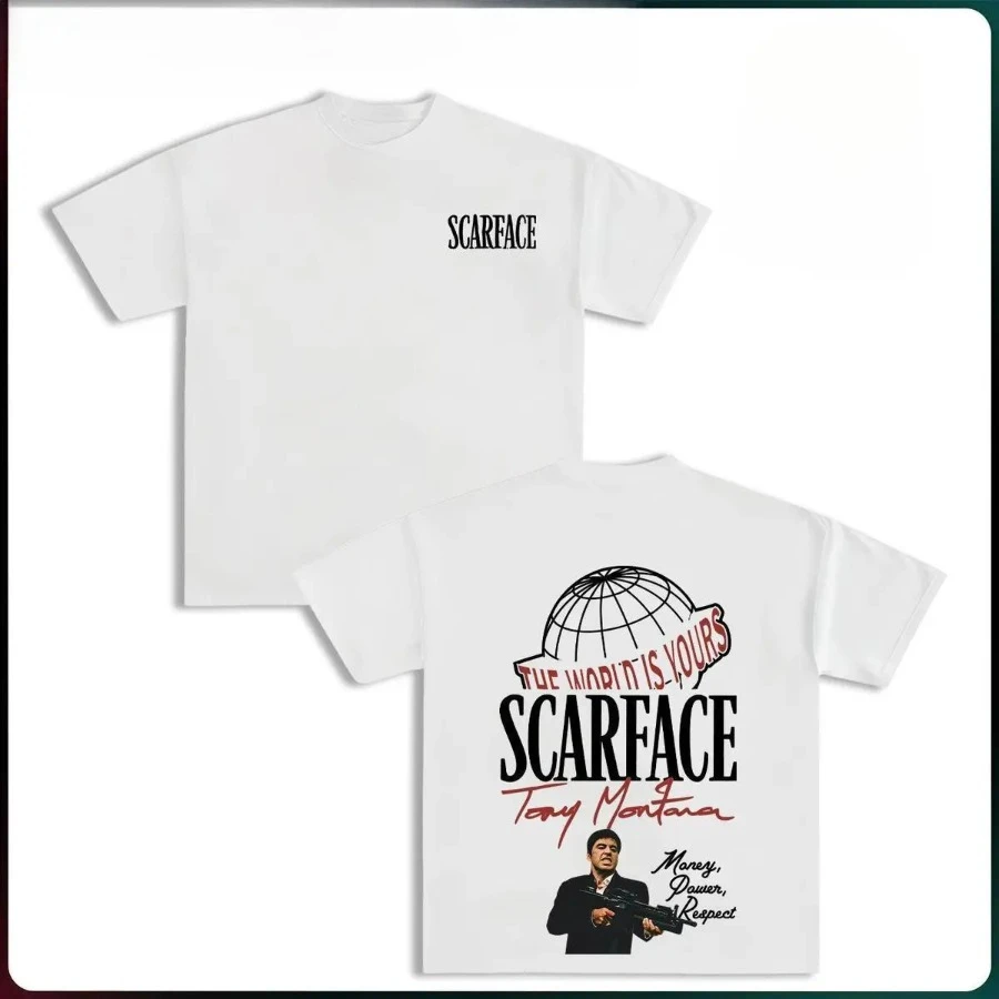 Scarface Reversible T-Shirt - The World Belongs to You: Tony Montana's Iconic Image Men's Casual Crew Neck T-Shirt Y2K
