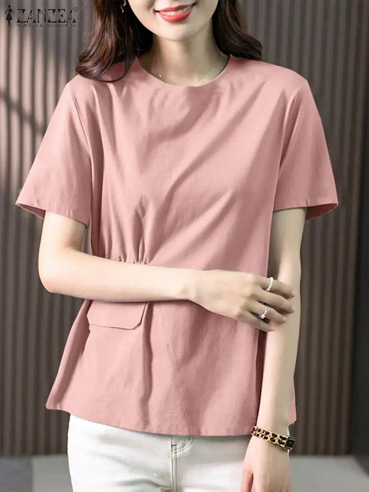 ZANZEA Women Summer Blouse Korean Fashion Short Sleeve Round Neck Tunics Casual Pleats Waisted Tops Casual Simple 2024 Blusas