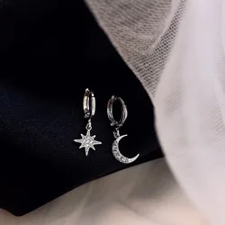 VENTFILLE 925 Sterling Silver CZ Star Moon Asymmetric Hoop Earrings for Women Girls Gold Silver Color Party Jewelry Gifts