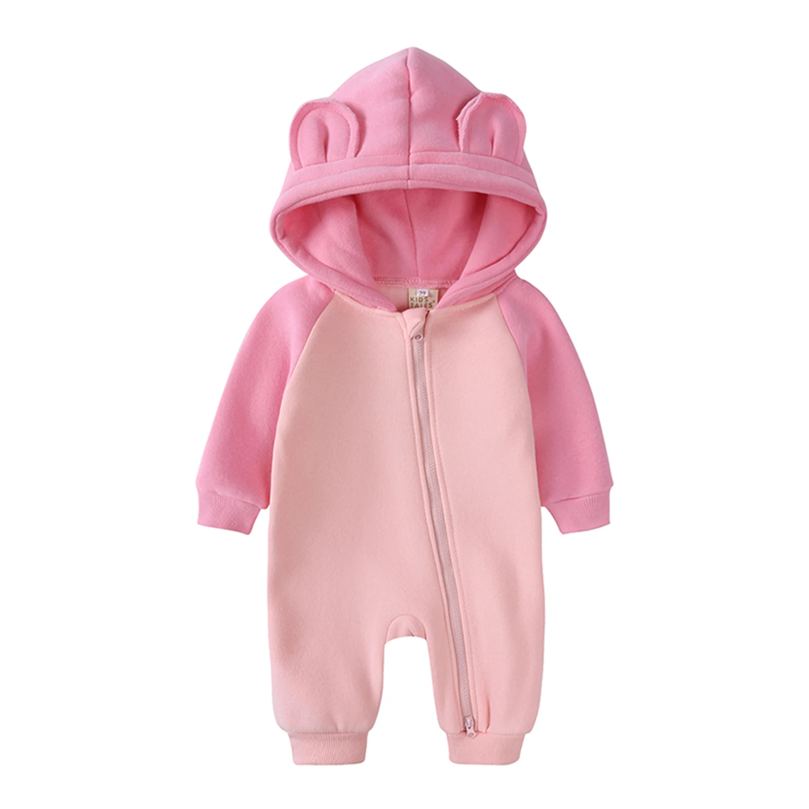 Infant Baby Boys Girls Warm Fleece Hooded Rompers Winter Outerwear Clothes Long Sleeve Color Block Double-ended Zipper Jumpsuit