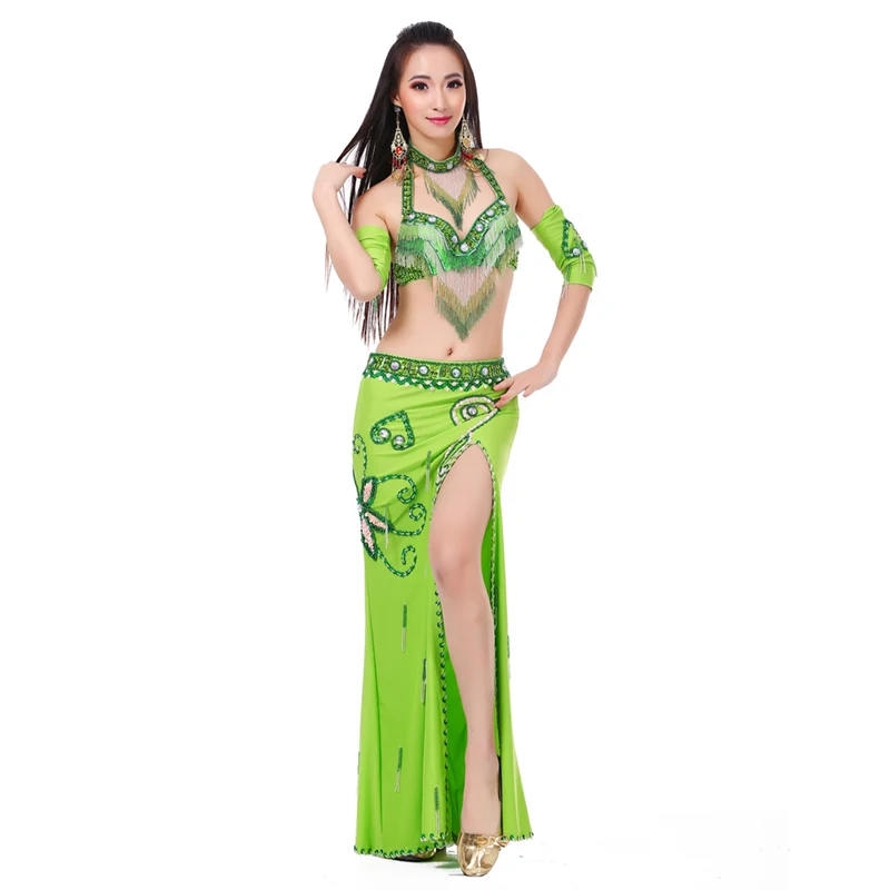 Women Sexy Belly Dance Beaded Top Bra Belt 5 pieces Set Belly Dance Costume Outfit Set Female Bollywood Dance Costume 8 Colors