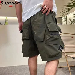 Supzoom New Arrival Top Fashion Summer Loose Casual Belt Design High Street Trendy grid Stitching Pocket Personalized Shorts Men