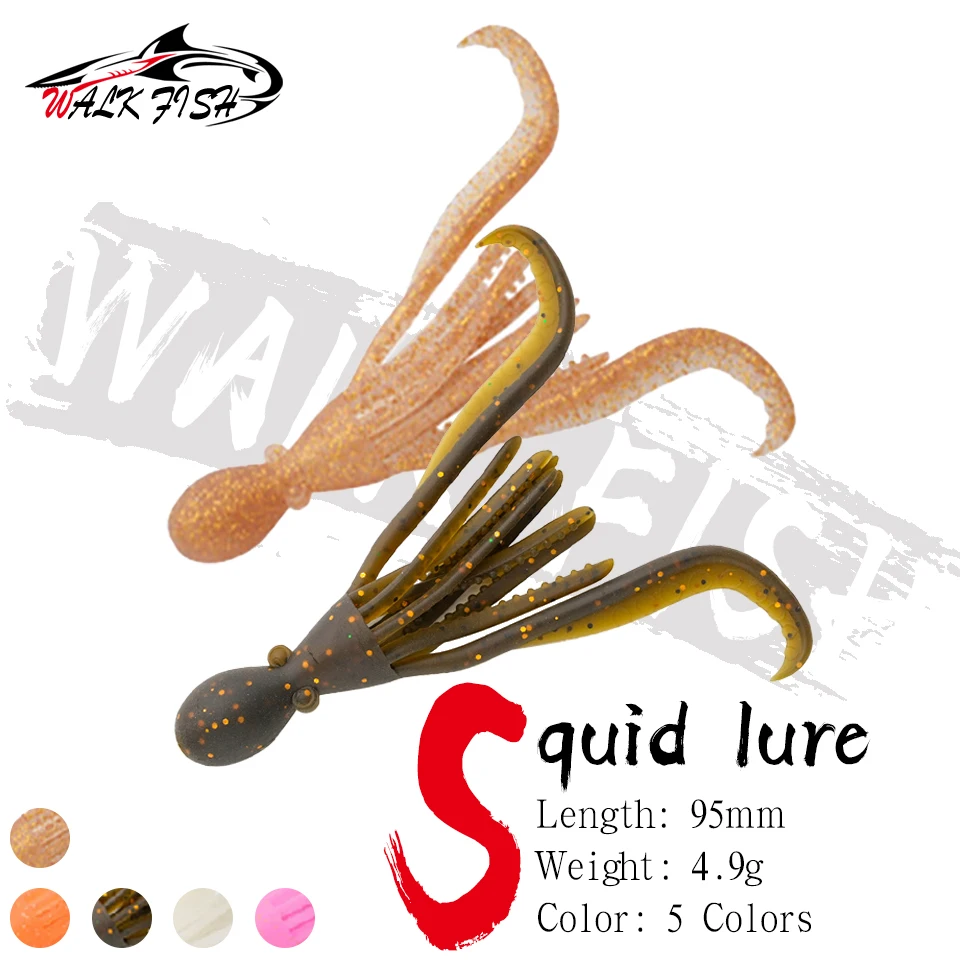 WALK FISH 3er-Set 9,5 cm leuchtende, weiche Oktopus-Silikonköder, hochelastische Simulations-Tuna-Trolling-Skirted-Squid-Jigs für das Meeresangeln