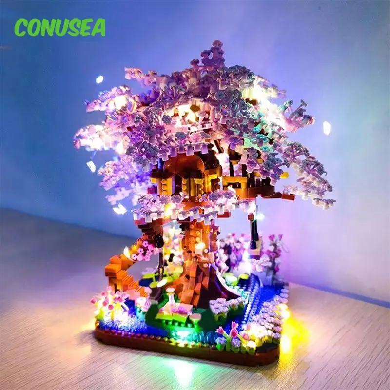 Bloques de construcción Led Mini Sakura Tree Set Diy, piezas de flor de cerezo con luz, modelo de casa del árbol, adorno, regalo romántico para niñas