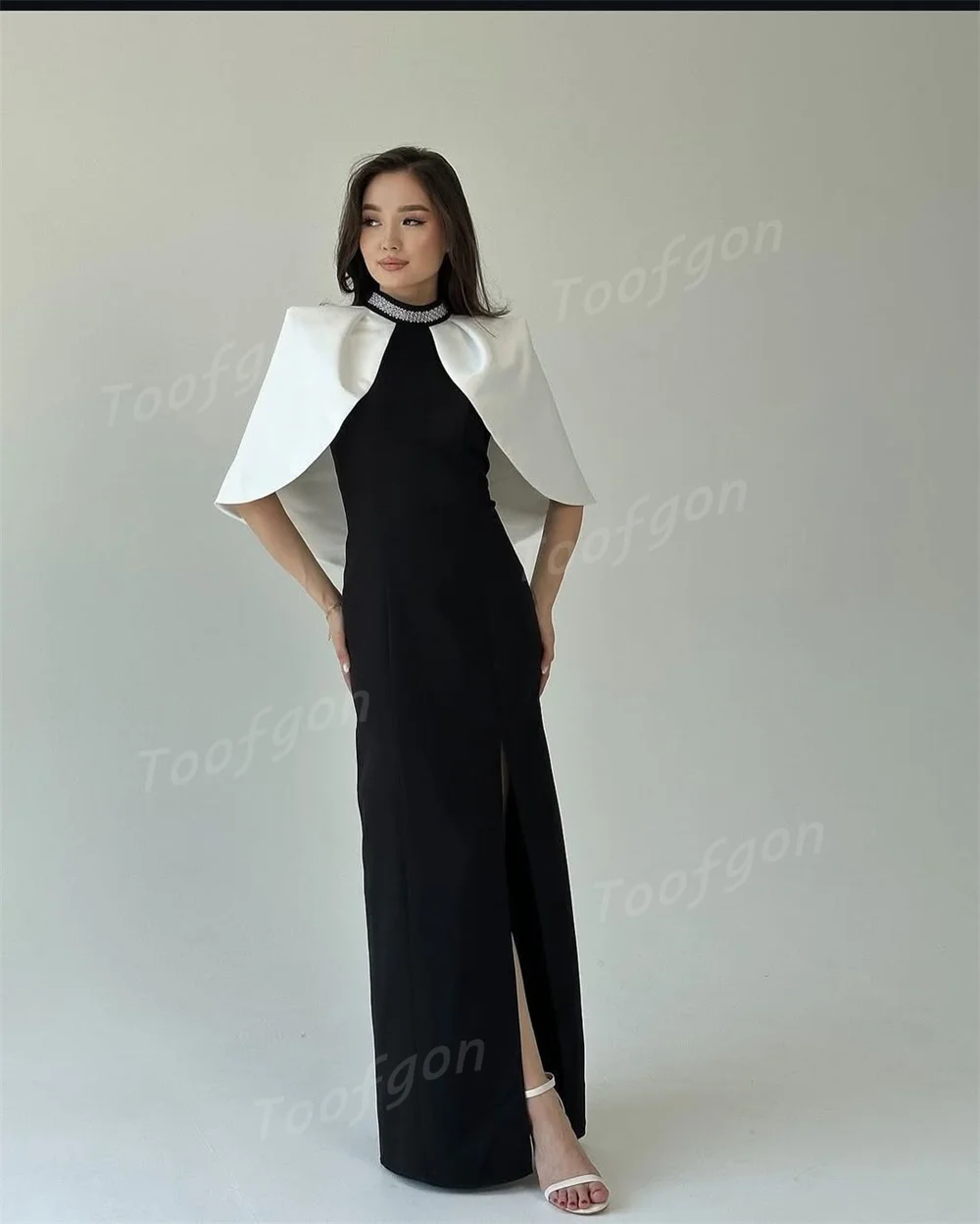 Toofgon Black Elastic Satin Mermaid Evening Dresses Customized Beads Cape Party Prom Dress Split Long Formal Carpet Gowns