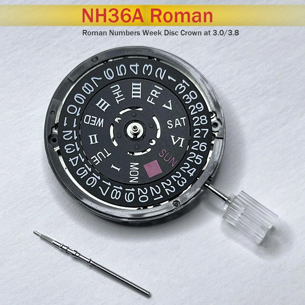 Japan NH36 NH36A Mechanical Movement Roman Text Week Disc 3.0/3.8 Crown Version 24 Jewels Modified NH36A Mechanism