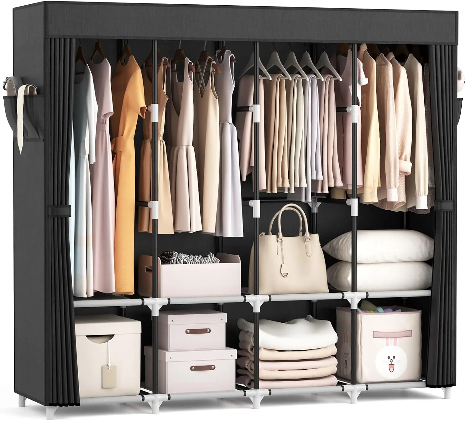 

Large Capacity Portable Wardrobe with Cover, 4 Shelves & Hanging Rods for Bedroom Storage, Black