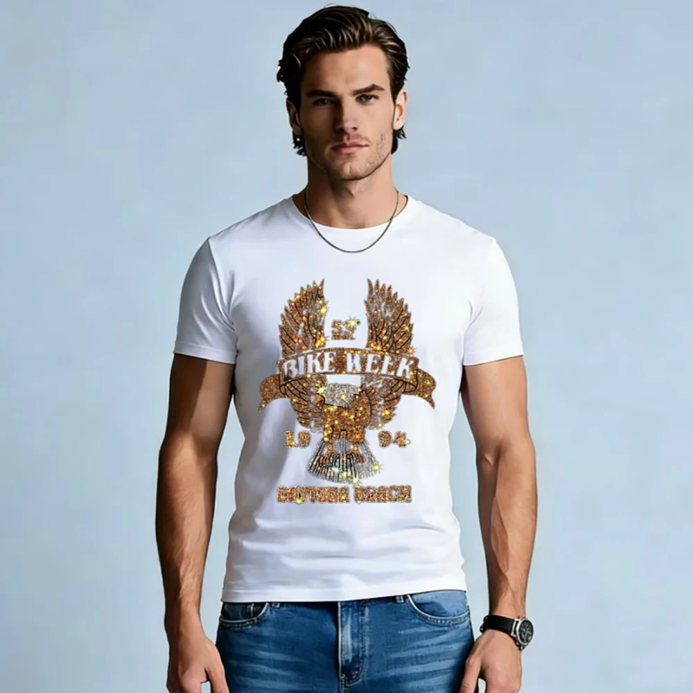 Men Street Brand T-Shirt Eagle Bike Week Rhinestone Bling Print Slim Breathable Casual Short Sleeve Tops Summer Male Clothing