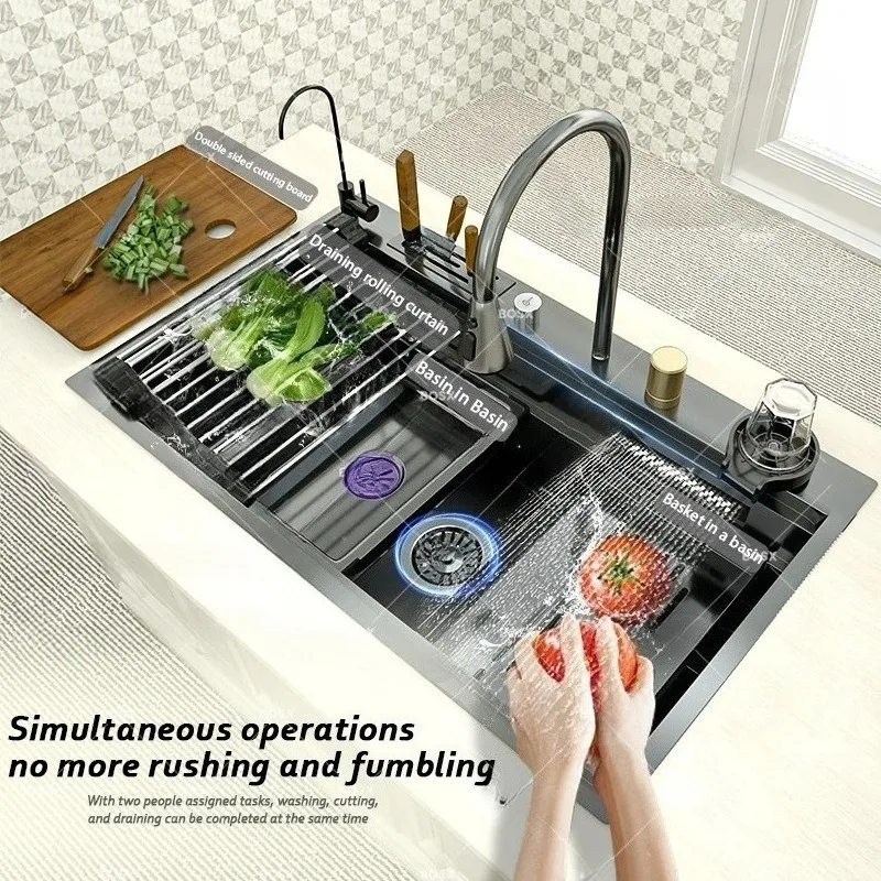 

304 Stainless Steel Waterfall Faucet Kitchen Sink Large Single Slot Multifunctional Dishwashing Vegetable Basin