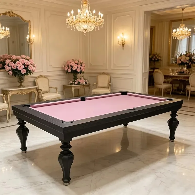 Retro Solid Wood Pool Table with Pink Tablecloth for Villa Recreation Room Indoor Family Club