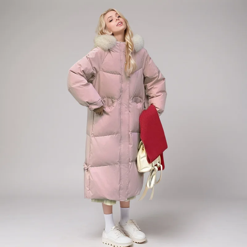 เสื้อแจ็คเก็ตพาร์กาสำหรับผู้หญิงฤดูหนาว แขนจั๊มยางยืด แต่งขนเฟอร์เทียม กระเป๋าแต่งขอบ ฮู้ด เสื้อโค้ทยาวคลุมเข่าสำหรับผู้หญิง