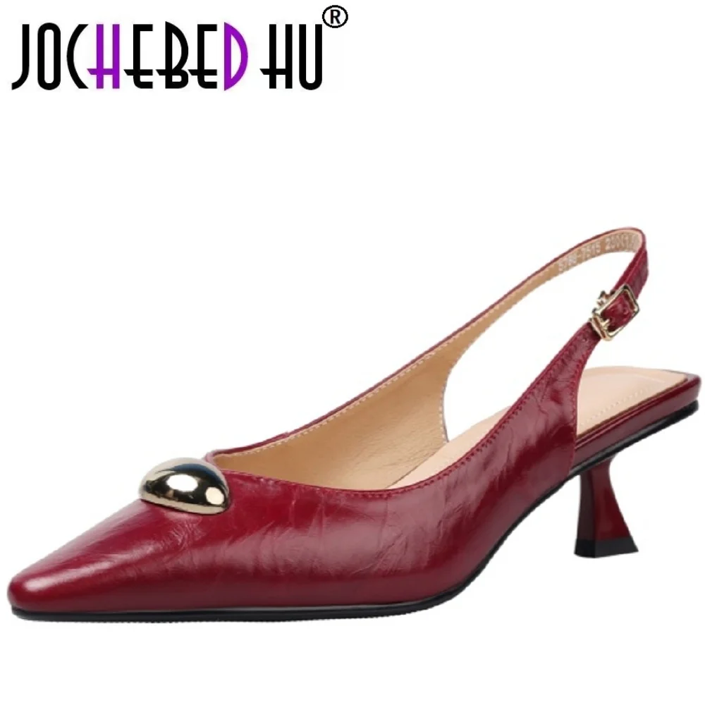 

【JOCHEBED HU】Handmade Genuine Leather Pointed Toe Mid Heels Women Sandals Buckle Strap Commuter Material Slip-On Shoes 34-40