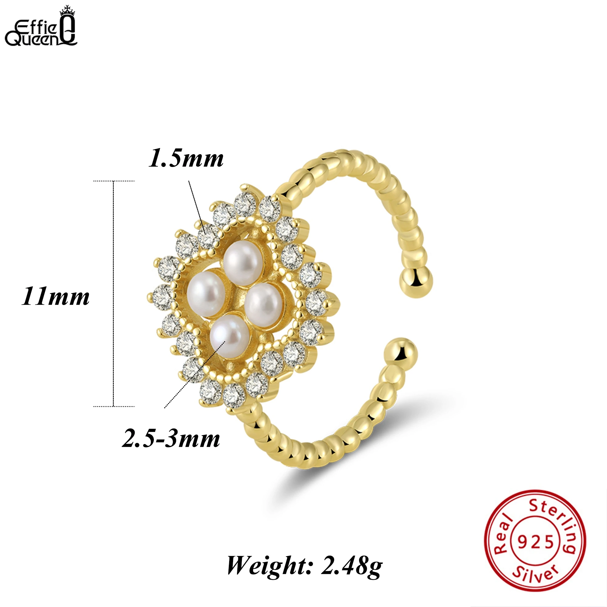 

EFFIE QUEEN 14K Gold & 925 Silver Natural Freshwater Pearl Ring With Sparkling Cubic Zironia Flower Design Finger Rings GPR25